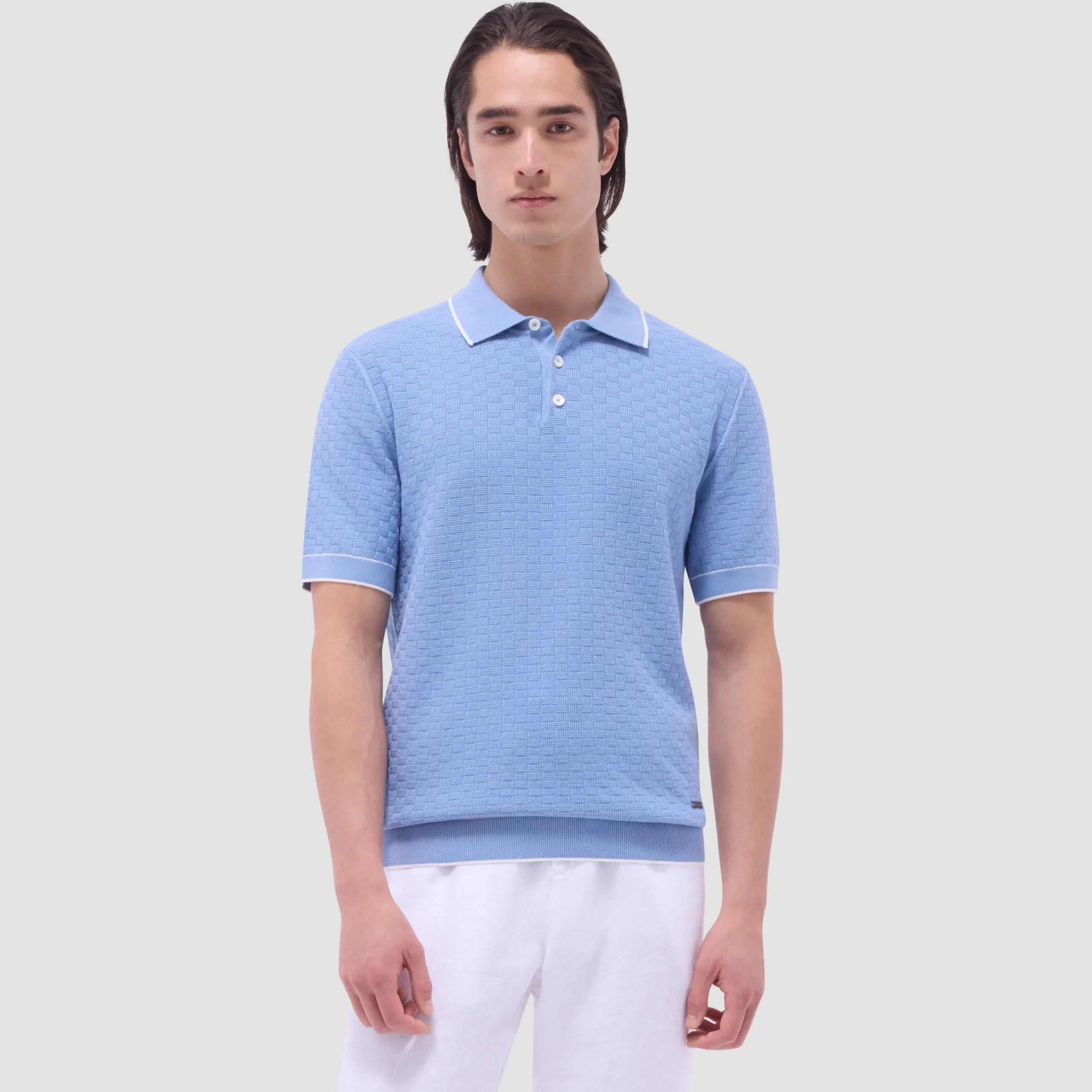Basket Stitch Three Button Polo Sweater
