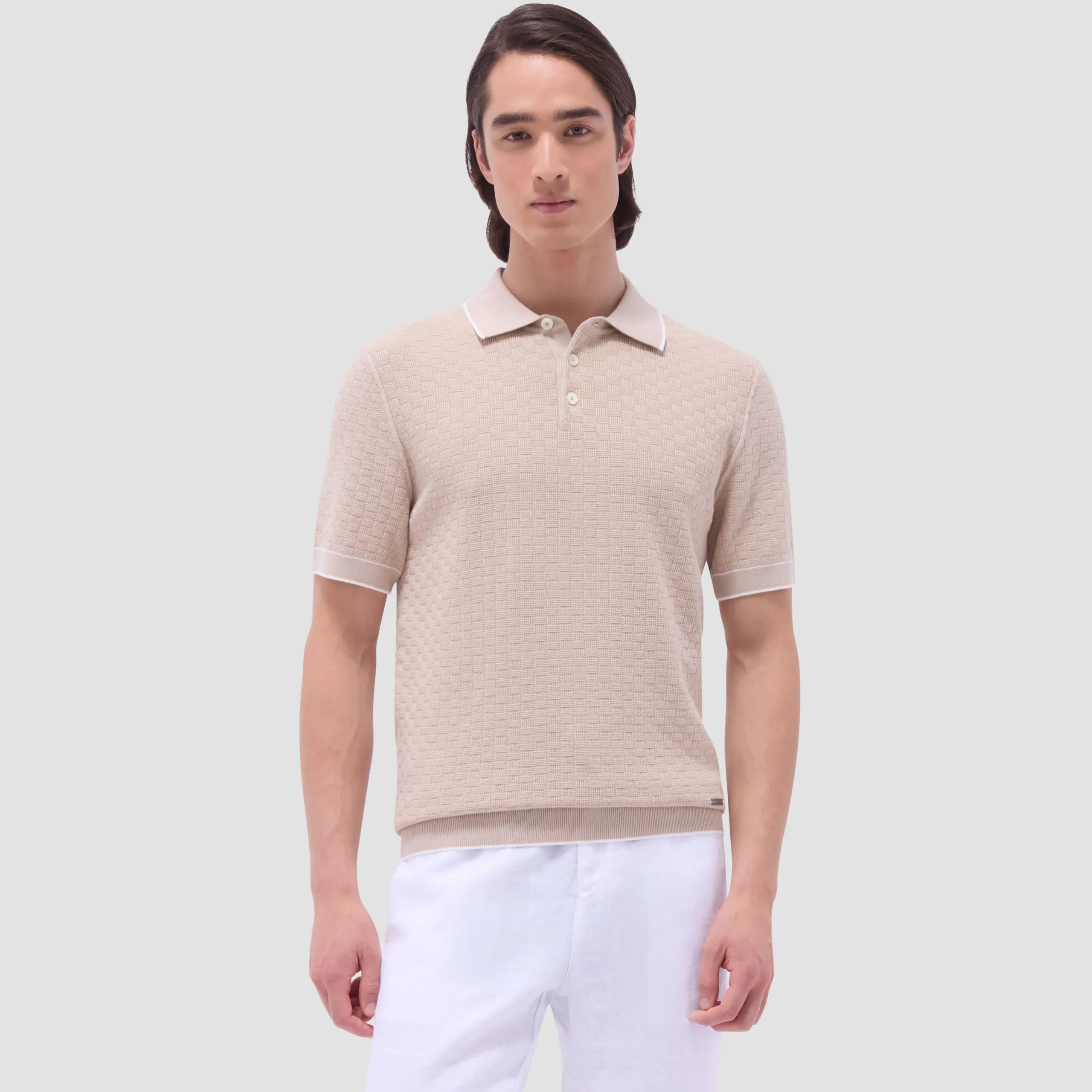 Basket Stitch Three Button Polo Sweater