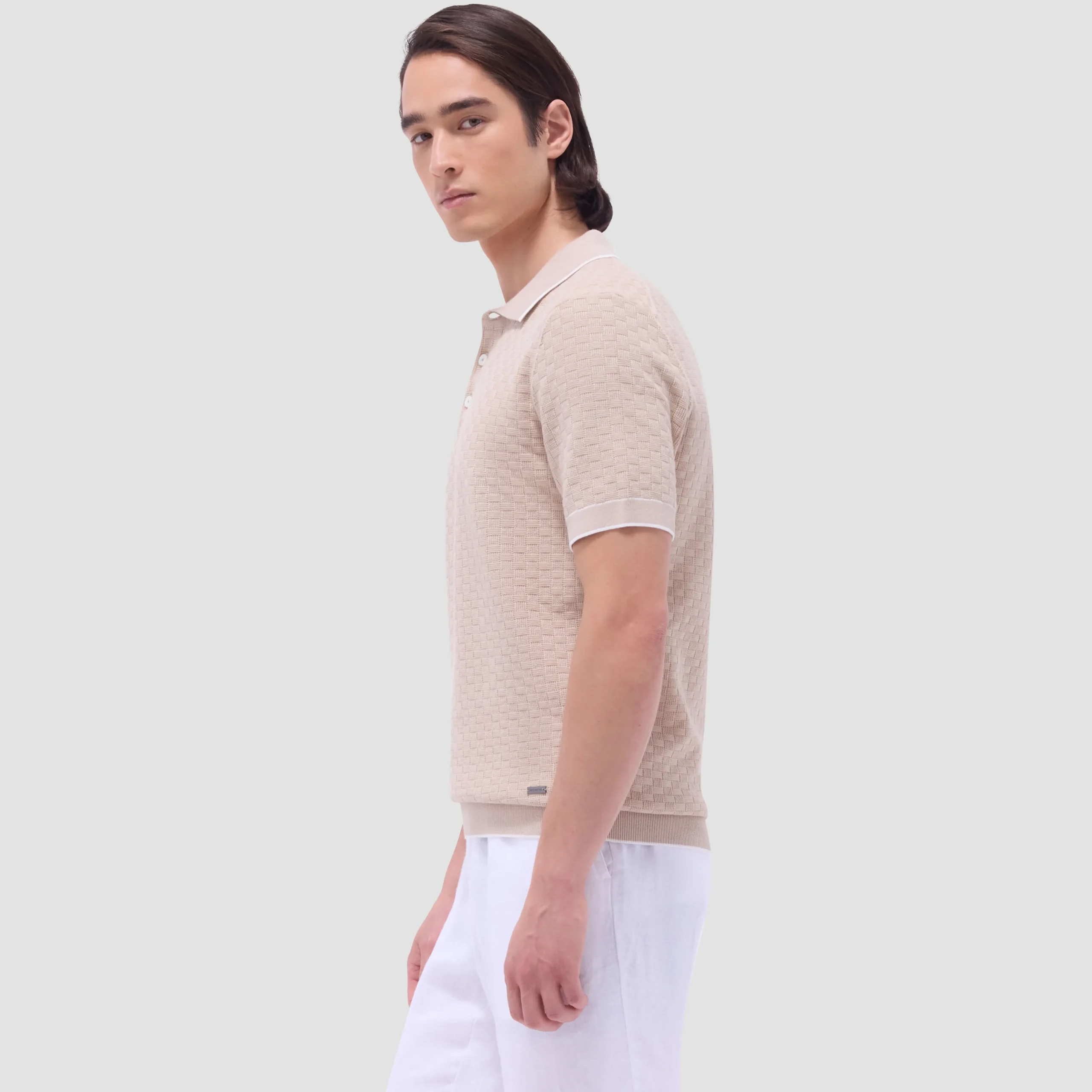 Basket Stitch Three Button Polo Sweater