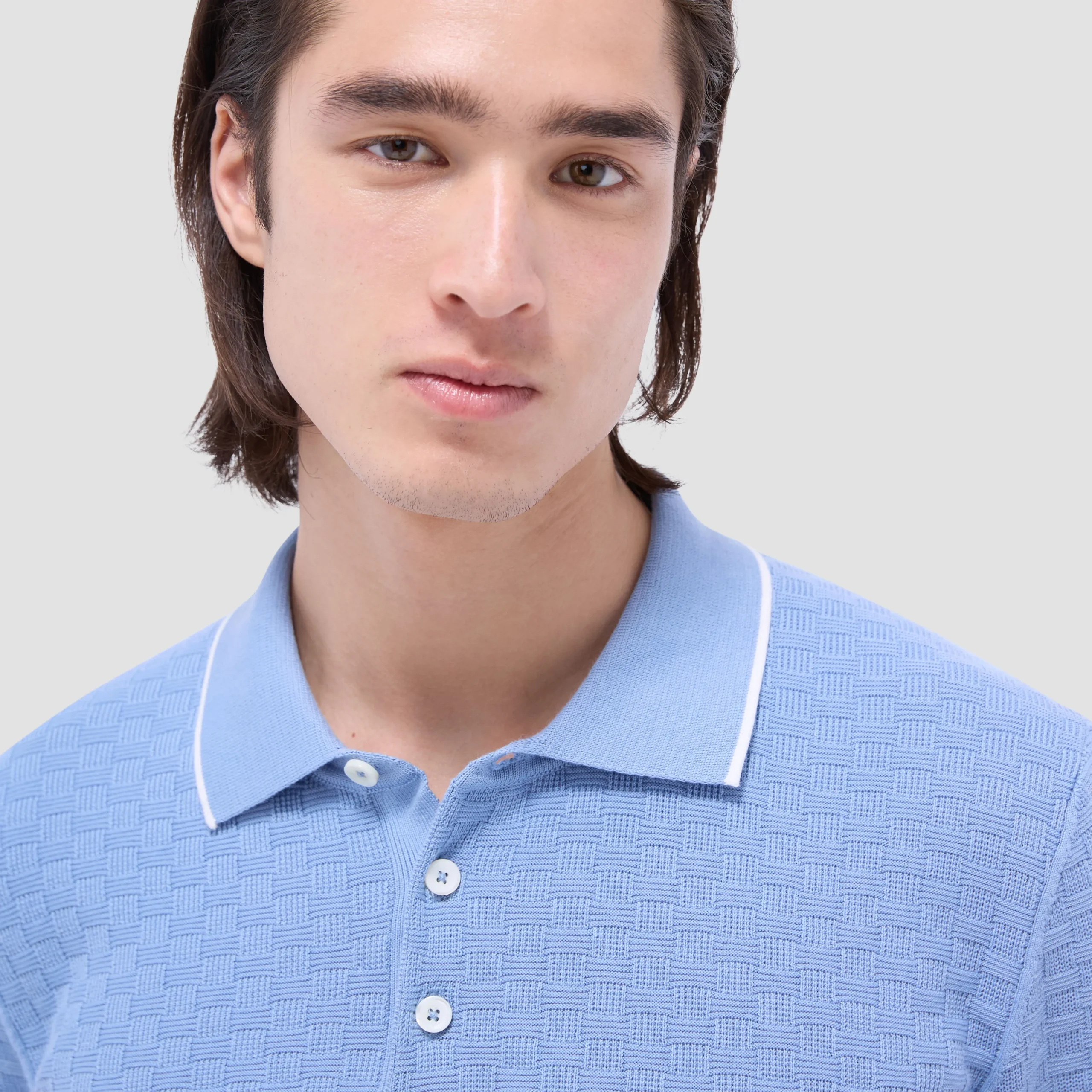 Basket Stitch Three Button Polo Sweater